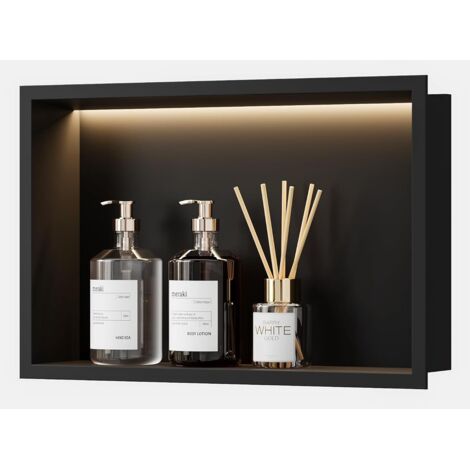 1 Niche Douche Acier Inoxydable, Lumière LED 3000K, Étagère Encastrée Noire 45x30cm, Salle De Bain