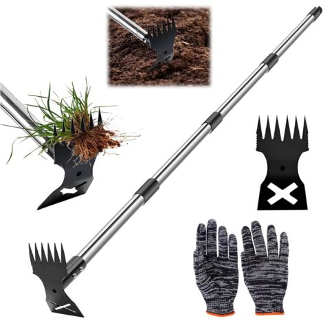 1 Outil Désherbage, Manche Réglable 40-160cm, Acier Inoxydable, Tête 2-en-1 Râteau Et Houe, Pour Jardin Pelouse Terrasse