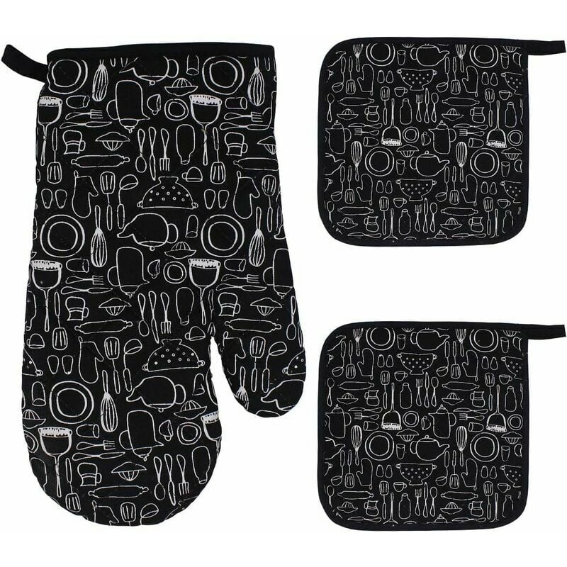 1 Oven Gloves + 2 Potholders, Large Oven Gloves, Microwave Oven Gloves, Cotton Lining Glove, Oven Mitts, Barbecue Glove, Cooking, Grilling, Baking,