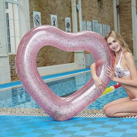 1 Pack Inflatable Heart Sequin Swimming Ring Pvc Thickened Transparent Water Toy Sequin Heart Swimming Ring Rose Gold (120cm/47.24")