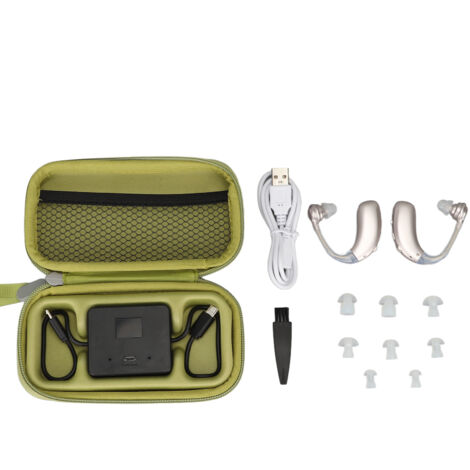 1 paio di apparecchi acustici ricaricabili in silicone ABS, dispositivo medico ergonomico in argento.