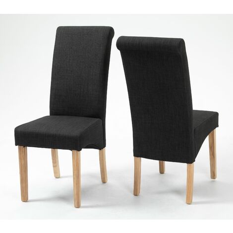 1 Pair of Premium Roll Top Linen Fabric Dining Chair in Charcoal Grey with Solid Wooden Legs | Wooden Fabric Seating