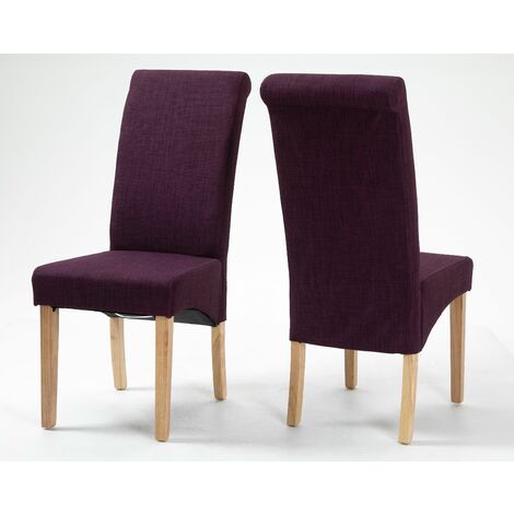 1 Pair of Premium Roll Top Linen Fabric Dining Chair in Purple with Solid Wooden Legs | Wooden Fabric Seating