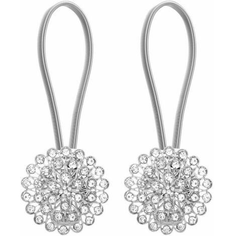 1 Pair Sparkling Crystal Flower Curtain Tieback Stretchy Curtain Buckle Clips Curtain Bind Stainless Spring Wire Magnetic Drapery Holder - Silver
