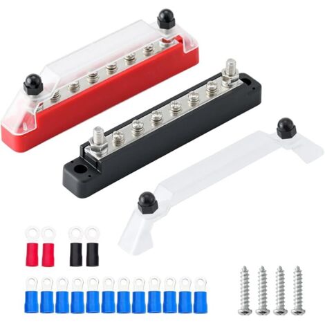 1 Paire Bornier de distribution d'alimentation à 8 voies, kit de barre omnibus de batterie à 8 bornes, 2 bornes M6 (1/4"), 6 bornes à vis M4 (8) avec cosses à anneau