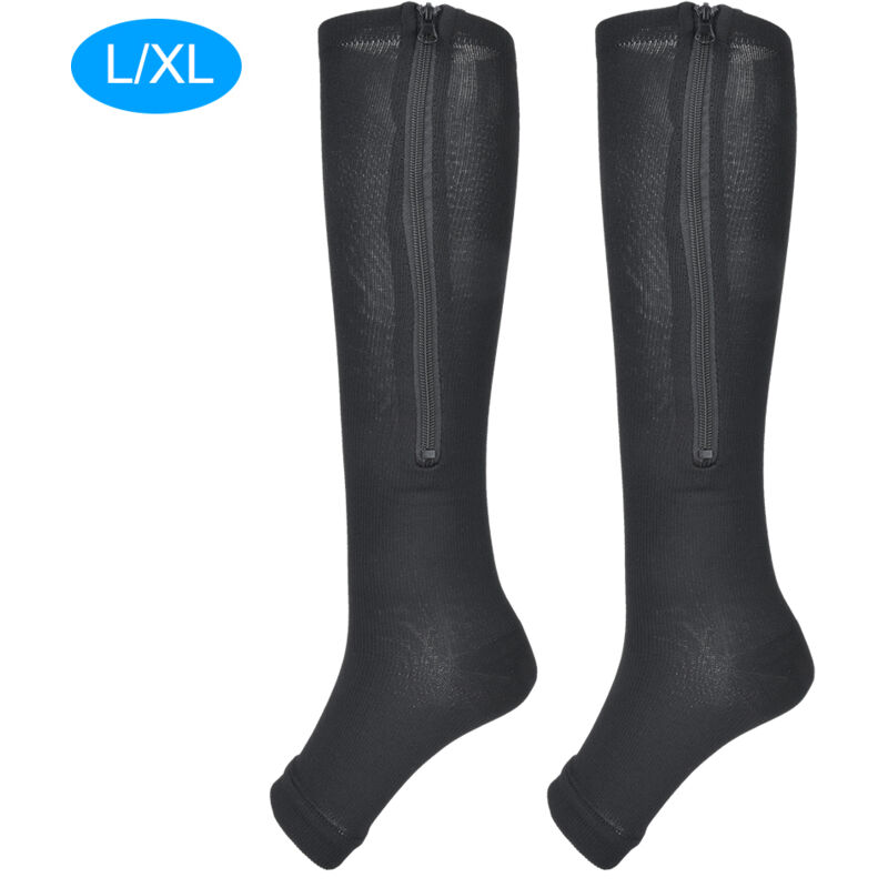 1 Paire de Chaussettes de Compression Mi-Mollet à Fermeture Éclair, Collants Amincissants avec Orteil Ouvert (Noir Taille L/XL)
