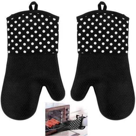 1 paire de gants épais en silicone et coton - Gants de protection pour four à micro-ondes - Longueur : 32 cm - Noir