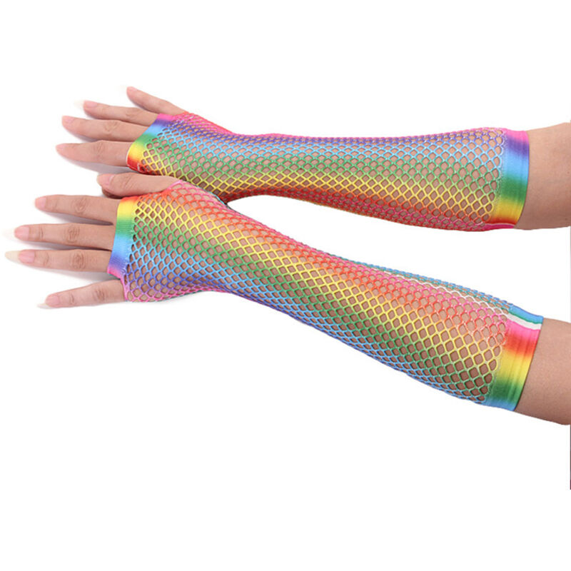 1 Paire de Gants Femme Éclatants Arc-en-Ciel à Imprimé Résille, Sans Doigts pour Mariage, Fête et Costume de Danse