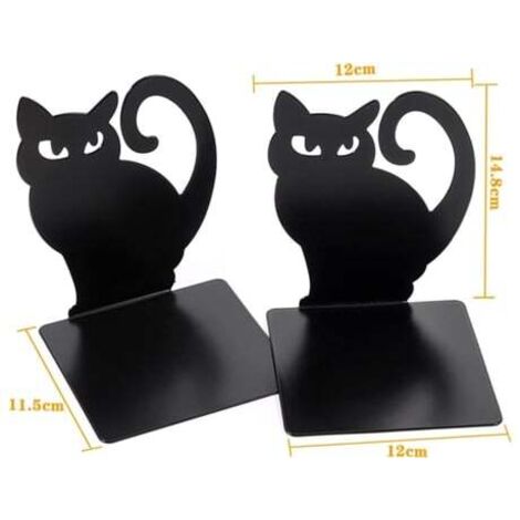 1 paire de serre-livres décoratifs en métal robuste, étagère Beijiyi (noir, motif chat noir) - AquaForge