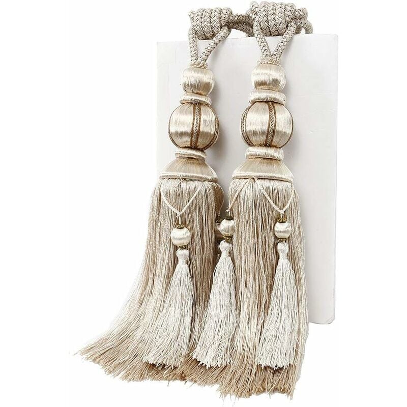 1 Paire d'embrasses de Rideaux en Corde Fait à la Main avec Pompons pour Rideaux de Fenêtre Drapé Corde pour Décoration de Maison ou de Bureau,Beige