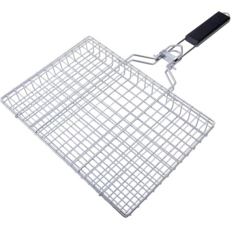 1 panier à griller en acier inoxydable (50 x 32 x 3,5 cm), grille en alliage avec manche en bois, convient pour les légumes, la viande et le poisson