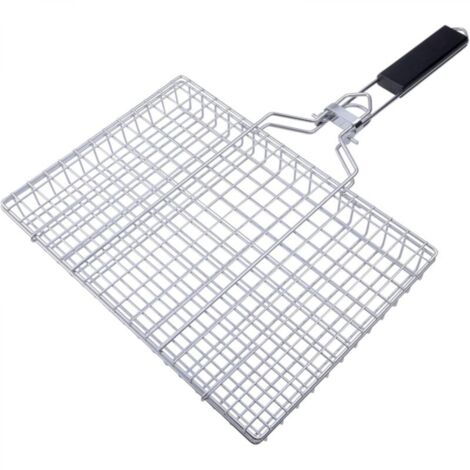 1 panier à griller en acier inoxydable (50 x 32 x 3,5 cm), grille en alliage avec manche en bois, convient pour les légumes, la viande et le poisson