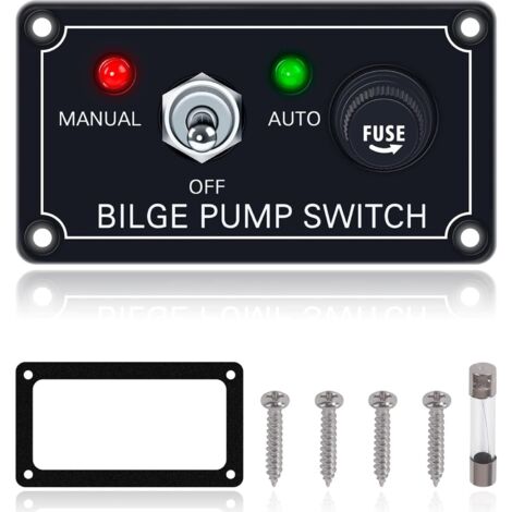 1 pannello comando pompa di sentina a 3 vie (manuale-off-auto) con indicatore LED, pannello comando pompa di sentina DC 12 V, interruttore automatico 5 A integrato.