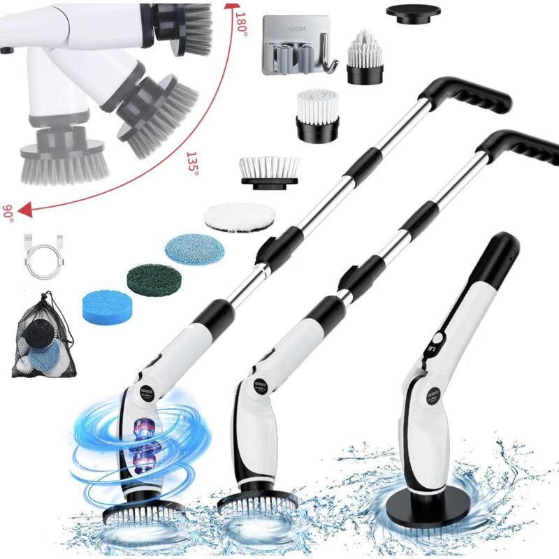 KZQ - 1 pc Brosse Nettoyage Electrique, Brosse de Nettoyage Electrique avec 3 Angles Réglables, 8 Têtes de Brosse, 3 Longueurs Réglables, 90 Min.