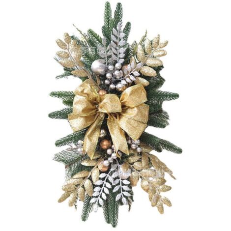 1 pc Guirlande de Noël en forme de goutte avec lumières, 45x20 cm, couronne de sapin de Noël pré-éclairée, décoration d'escalier de Noël, guirlande de Noël pour porte d'entrée, fenêtre,or