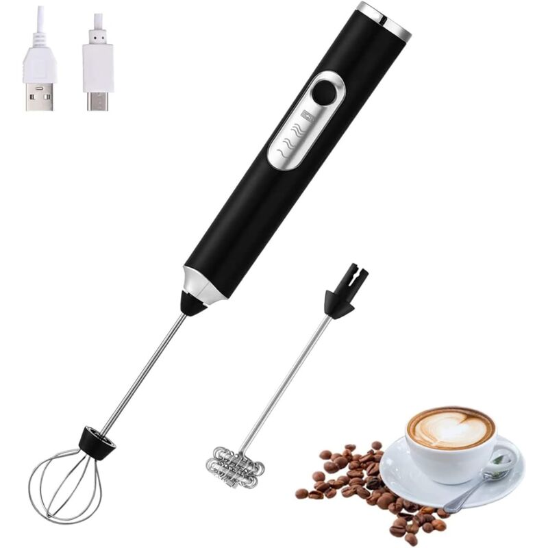 1 pc Mousseur à lait électrique portatif (noir) avec 2 têtes, mélangeur à mousse avec chargement usb 3 vitesses, mélangeur à mousse pour latte,