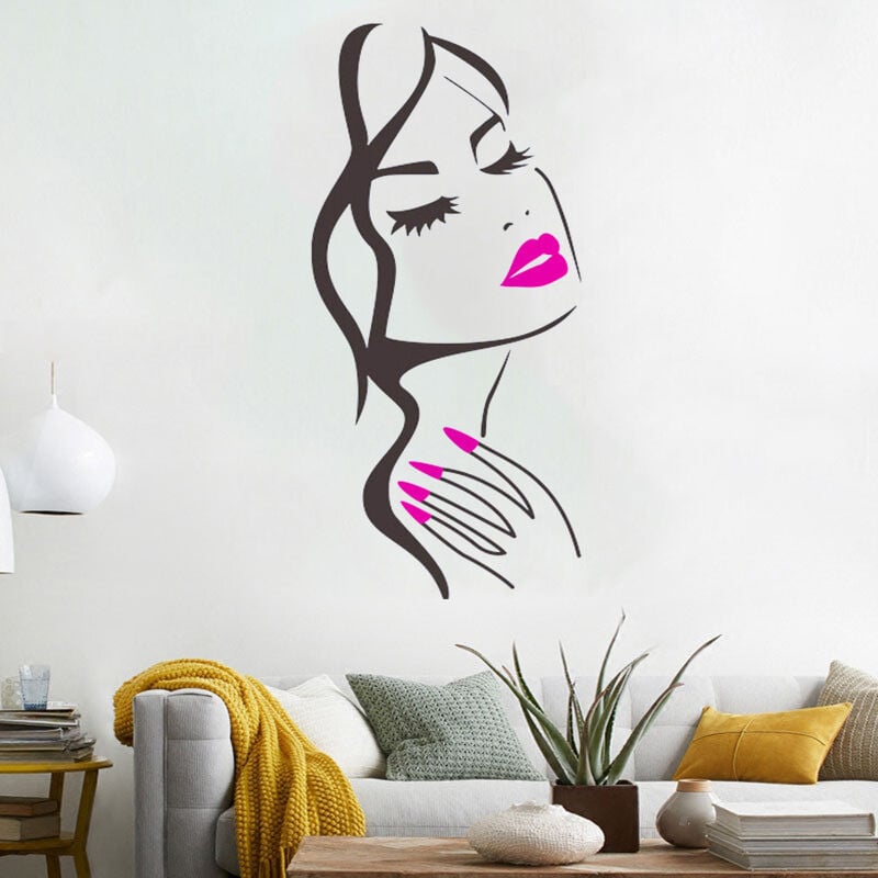 1 pc Sticker Mural Salon De Beauté Manucure Nail Salon Mur Art Autocollant Belle Fille Visage Lèvres Décor à La Maison Autocollant Décoration Murale