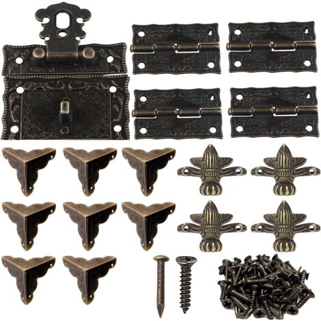 1 pcs Fermoir Boite Verrou Décoratifs Antiques 8 pièces Coin Décoratif Protection Couverture 4 pcs Charnière en Métal 4 pcs Pied D’angle Décoratifpour boîte à bijoux en bois bronze