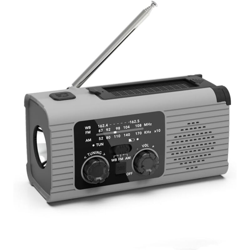 1 PCS Radio Météo d'urgence, Radio D'Alerte Météo de 4000 MAh, Radio AM/FM Chargement Solaire, Manivelle et USB - Gris