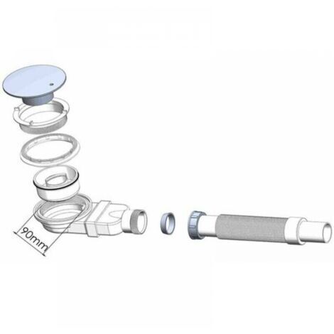 1 pezzo Canale doccia da 90 mm, bianco, extra piatto, foro di scarico per piatto doccia, sifone con sistema di controllo degli odori, filtro per capelli, tubo flessibile, copertura cromata
