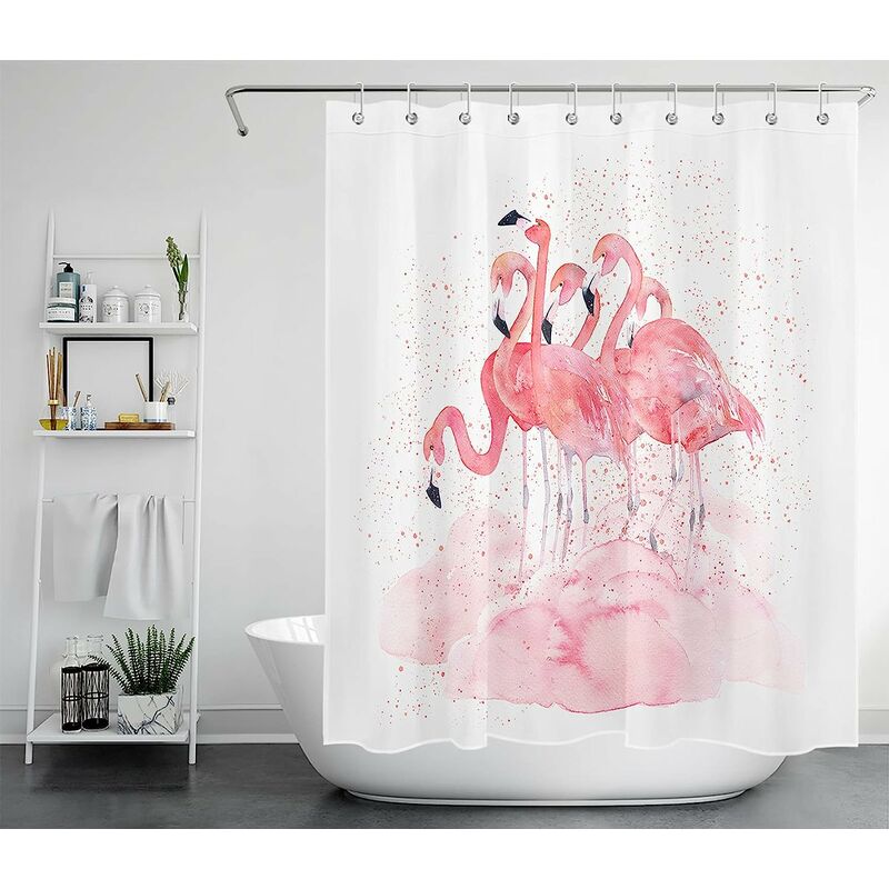 1 pièce Rideaux de Douche Flamant Rose 120x180cm Oiseau Tropical, Blanc Rideaux de Bain avec Crochets,Imperméable Polyester Anti Moule Salle de Bain