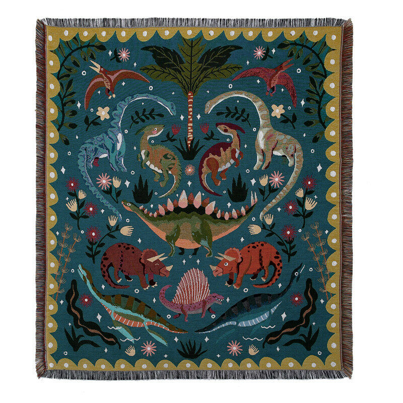 1 Pièce 160x130cm Couverture Plaid Dinosaures Tricotée Décorée avec des Franges Bohême Simple Doux Confortable Protéger Contre Le Froid pour Canapé