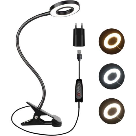 1 Pièce 5W Lampe de Bureau Noire avec Pince et Adaptateur, 48 LED Tattoo Lampe, 3 Couleur et 10 Intensite, LED Lampe USB Flexible, Clip Lampe de Lecture au Lit Enfant, Lampe Pince pour PC Travail [Cla