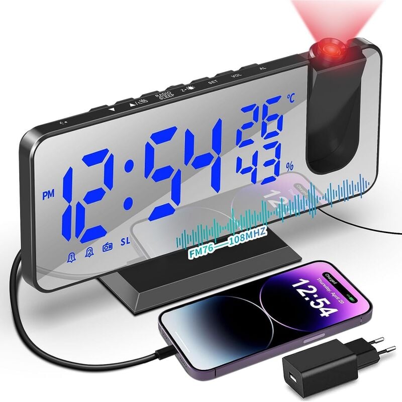 1 pièce (caractères bleus) température et humidité multi-fonction radio-projection réveil créatif led miroir horloge électronique horloge numérique