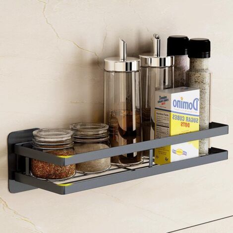 GRECQUEMYTH 1 pièce Étagère à Épices Porte Adhésif Acier Inoxydable Mural Convient pour Cuisine Salle de Bain Balcon, (Noir mat, 20cm)
