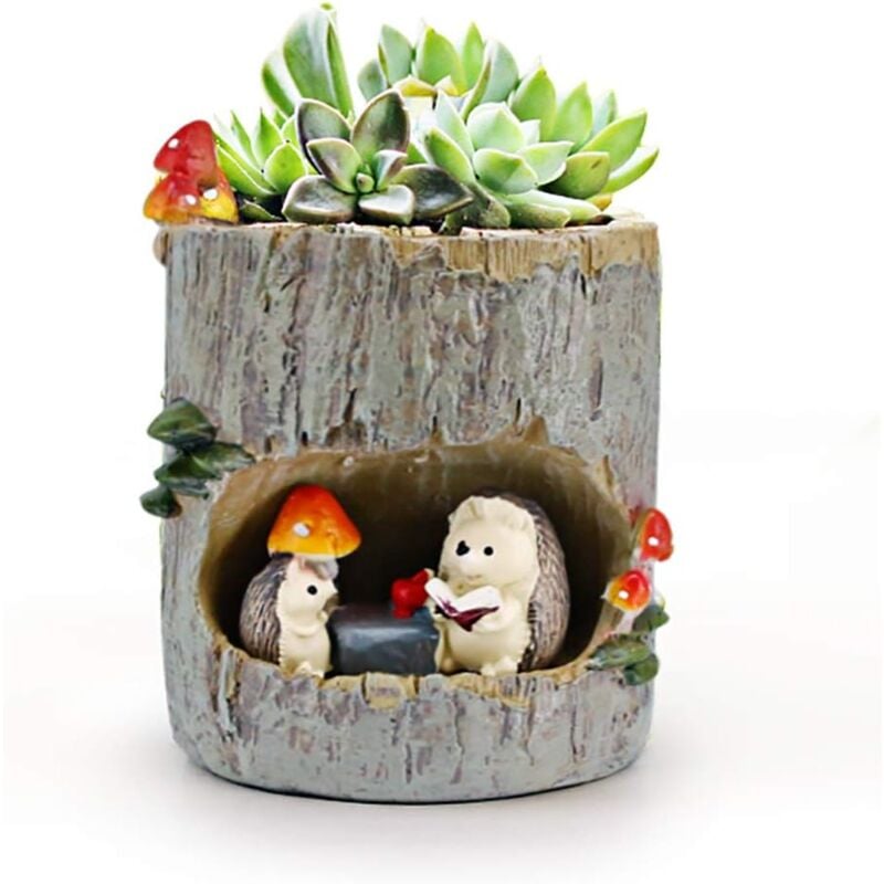 Linghhang - 1 pièce huking Mini pots de fleurs ronds en forme d'animal mignon en pot avec drainage en résine synthétique sur le thème hérisson