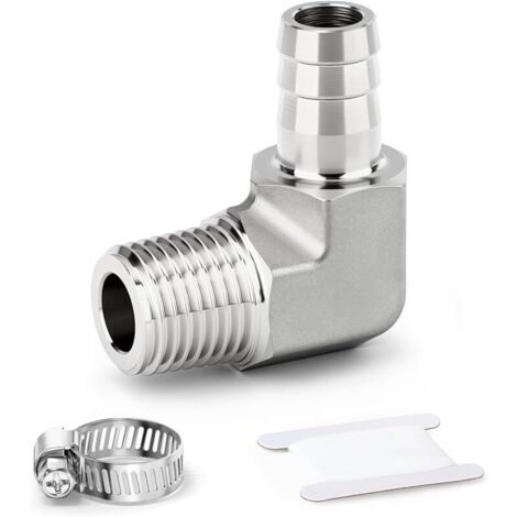 1 pièce raccord coudé à 90 degrés en acier inoxydable 304, 1/4" BSP mâle x 10 mm cannelé pour carburant/air/liquide/gaz avec collier de serrage