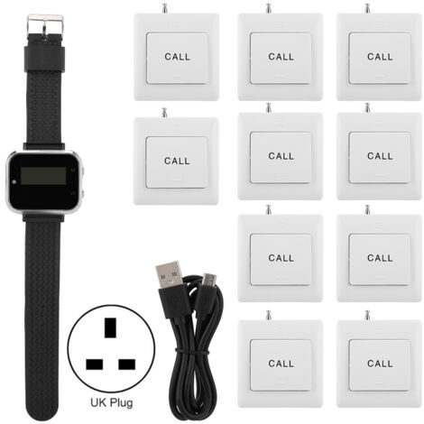 1 Pièce Récepteur Montre Connectée Système d'Appel Intelligent + 10 Pagers Bouton Prise UK 110-240V