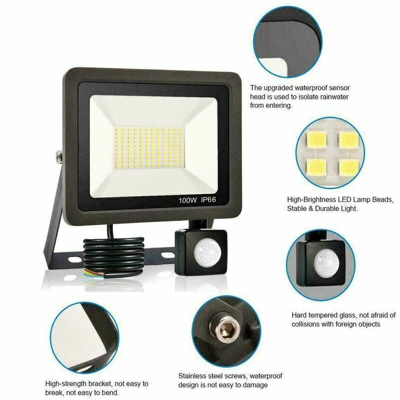 LED Projecteur Extérieur 100W Avec Détecteur De Mouvement IP65 Étanche 60000（LM） Blanc Froid Éclairage Pour Jardin Garage Terrain De Sport