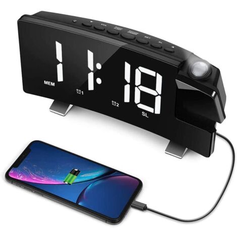 1 Pièces Automobiles Projection Plafond Horloge Murale Projecteur numérique Radio-réveil Radio FM Horloge 7.1" Large écran incurvé LED Horloge numérique de Bureau/étagère Chargement USB (Blanc)