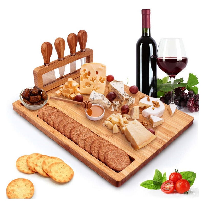Treetalk - 1 planche à fromage, plateau de service avec 4 couteaux en acier inoxydable, planche à charcuterie en bois massif (14''x11'')