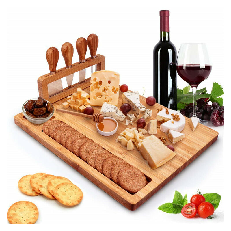 1 planche à fromage, plateau de service avec 4 couteaux en acier inoxydable, planche à charcuterie en bois massif (14''x11'') BDD