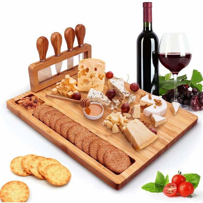 Planche à fromage, plateau de service avec 4 couteaux en acier inoxydable, planche à charcuterie en bois massif (14''x11'')