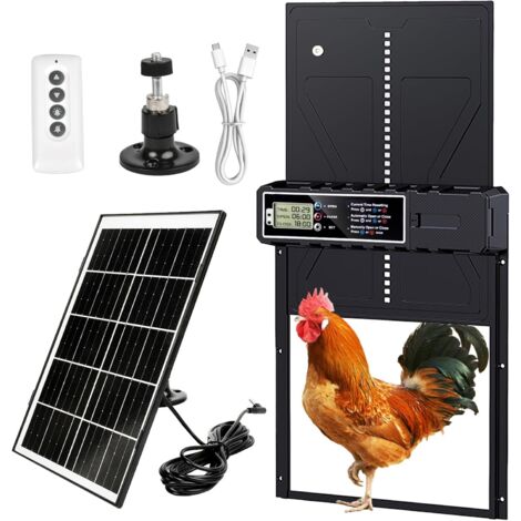 1 Porte Poulailler Automatique, Aluminium, Panneau Solaire 7W, Minuterie, Affichage LED, Télécommande, Extérieur