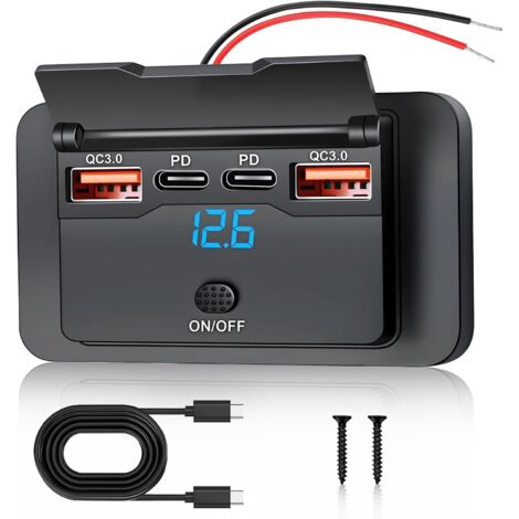 1 Prise USB 4 Ports, Chargeur Rapide PD QC3.0 76W, Interrupteur Étanche, Affichage LED, Pour Camping Car, Bus, Marine