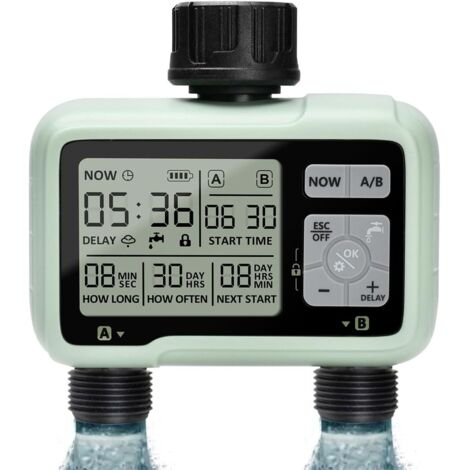 1 Programmateur Arrosage 2 Voies, Minuteur Irrigation Automatique, Mode Manuel et Retard Pluie, Écran LCD, pour Jardin Pelouse