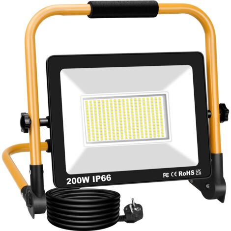 1 Projecteur Led 200W, Lumière Blanche 6000K, Base Pliable, Étanche IP66, Pour Chantier Jardin Garage