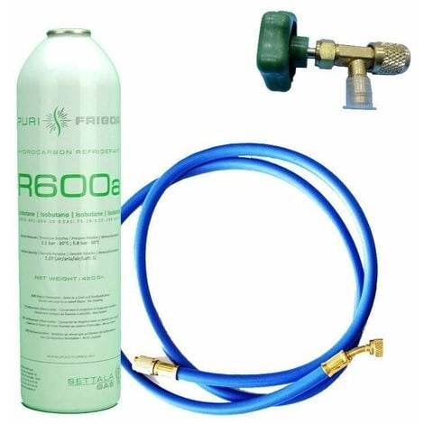 1 R600 Kältemittelgasflasche + Schlauch + 420gr Isobutanventil