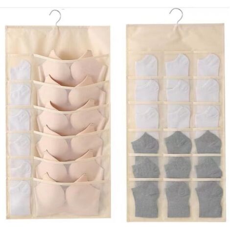 1 range-lingerie et chaussettes suspendu pour armoire, grande capacité, deux faces, beige
