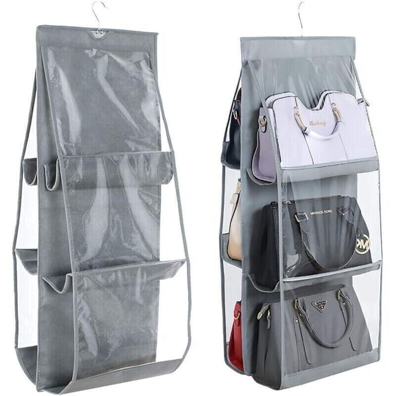 1 Rangement suspendu - Gris, Rangement de garde-robe, Système de rangement de placard, 6 sacs à poussière, Compartiments transparents, Non-tissé