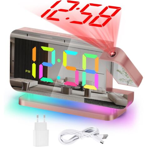 1 Réveil Numérique,Projecteur Rotatif 180°,Écran LED Miroir 7,4 Pouces,11 Couleurs RVB,Veilleuse 10 Modes,Volume 5 Niveaux,Chambre Enfant Adulte