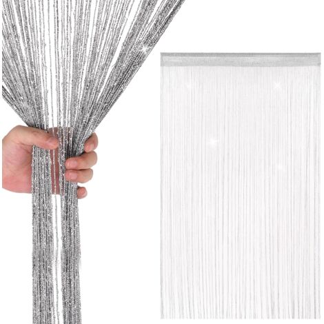 1 Rideau à franges, Polyester, Argent foncé, 1x2m, Séparateur de pièce, Porte, Fenêtre