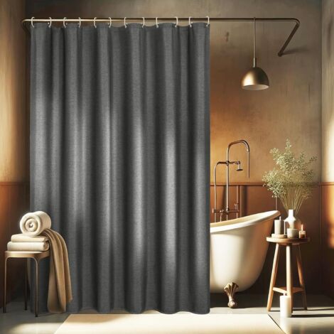 1 Rideau de douche, Lin texturé gris foncé, Tissu polyester imperméable, 12 Anneaux, Salle de bain