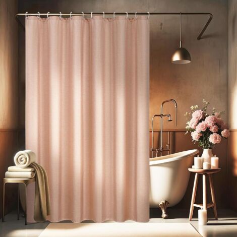 1 Rideau de douche, Lin texturé rose, Polyester imperméable, Anti-moisissure, 180x200 cm, Salle de bain