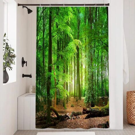 1 Rideau Douche, 120x180cm, Motif Feuilles Vert Forêt, Tissu Polyester Imperméable, Avec 8 Crochets, Pour Salle De Bain