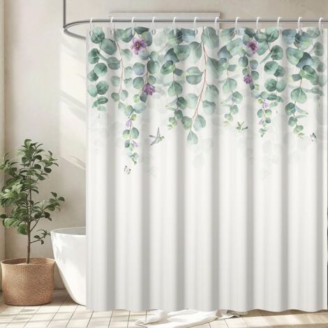 1 Rideau Douche, 180x180cm Polyester Imperméable, Motif Eucalyptus, Avec 12 Crochets, Pour Salle De Bain